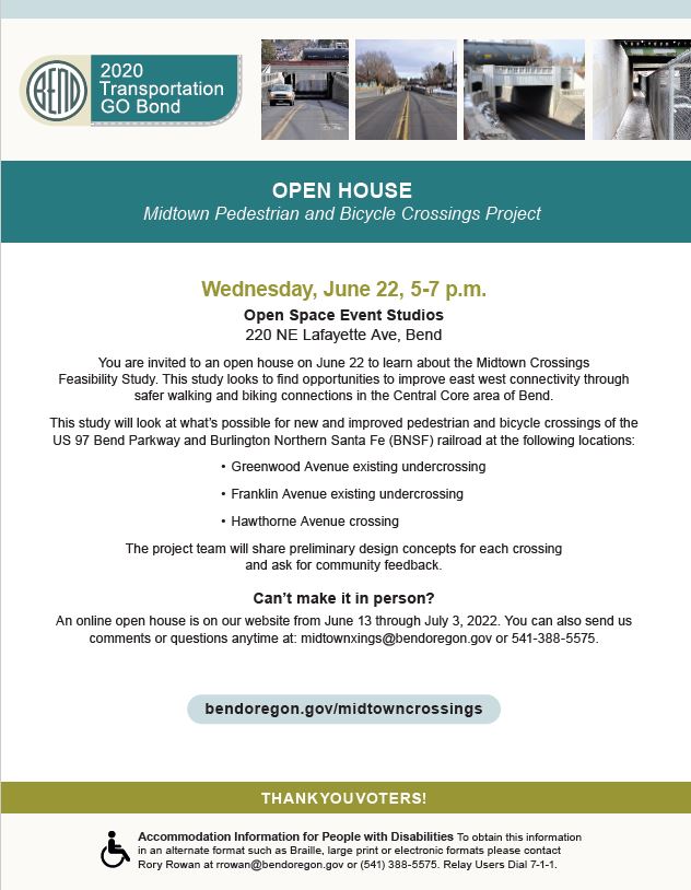 June 22, 5-7 p.m. Open Space Event Studios 220 NE Lafayette Ave. You are invited to an open house about Midtown Crossings Feasibility Study.