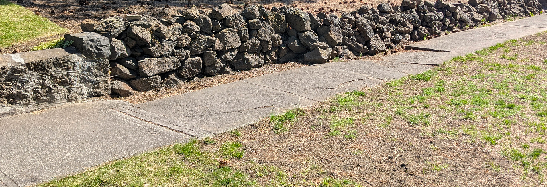Sidewalk with cracks and gaps in disrepair.