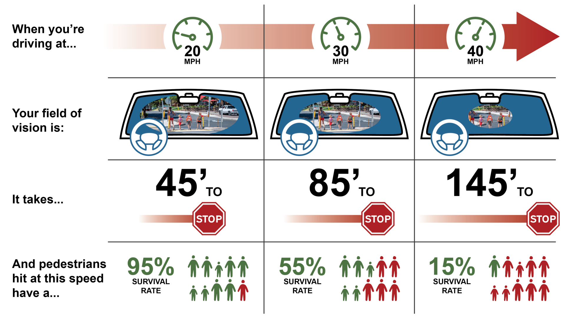 Info graphic showing how long it takes to stop in a car driving at various speeds.