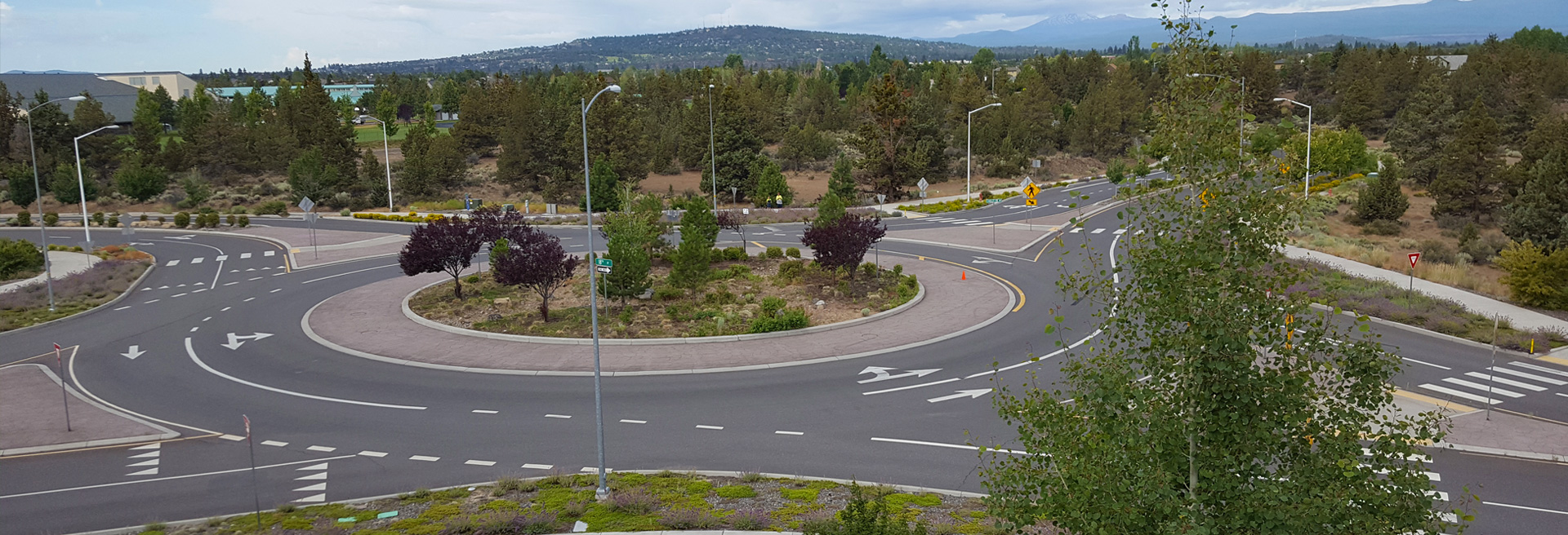 Typical traffic circle/roundabout. Four roads entering into the circle, foliage in the middle of the roundabout. 