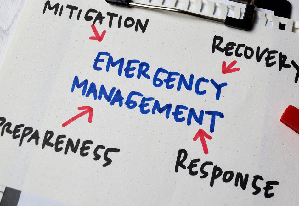Emergency Management steps on a whiteboard in black, blue, and red text.