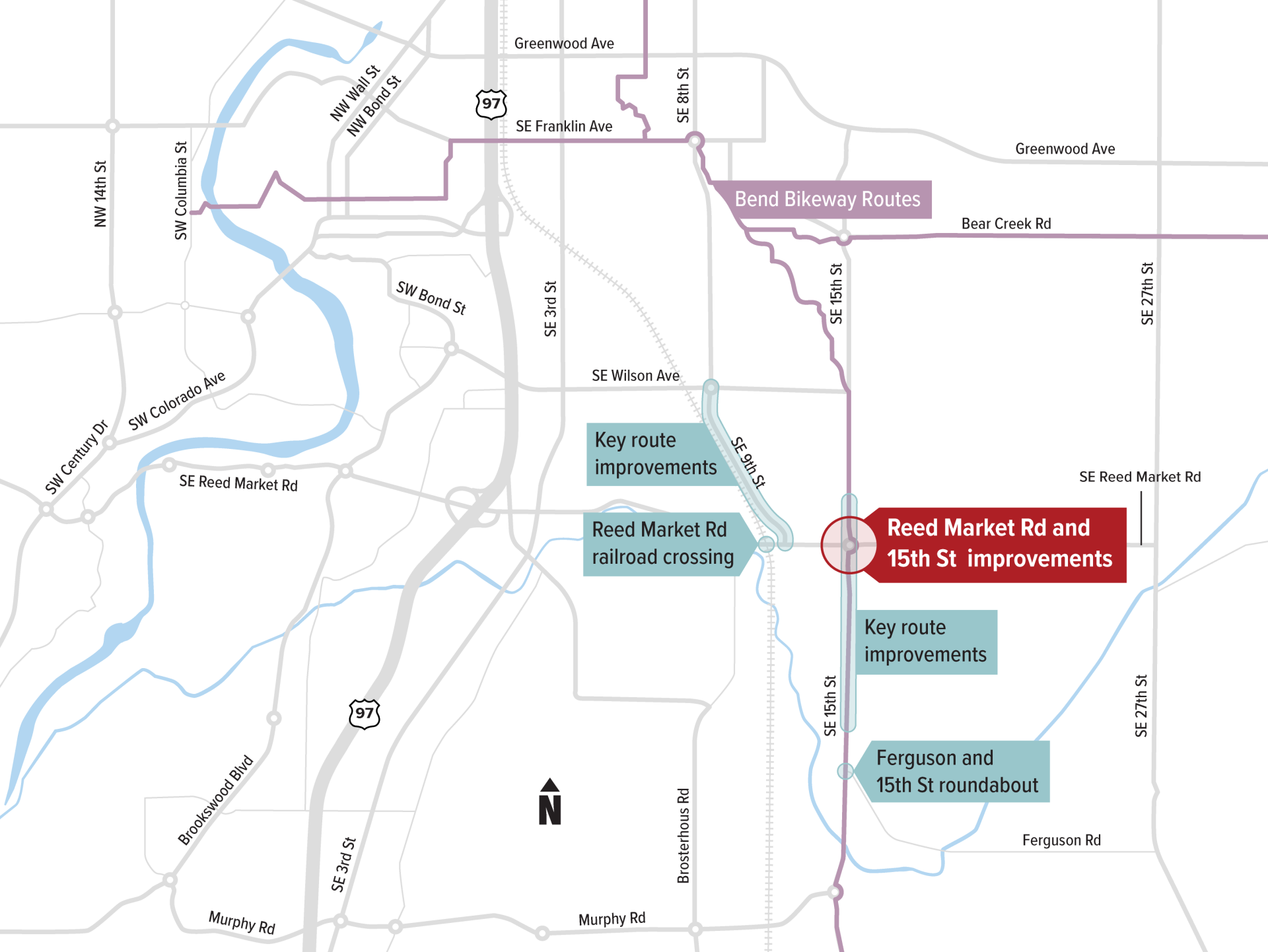 Map showing the roundabout intersection and key bike routes in the surrounding area