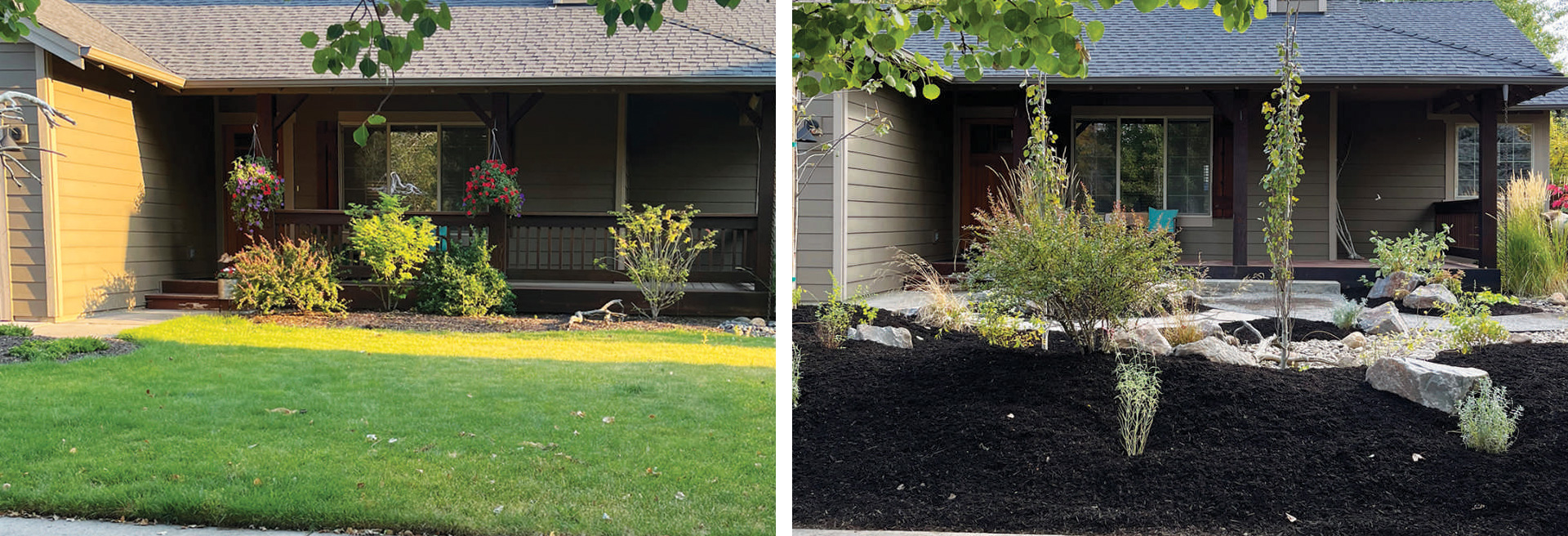 Before and after pictures of a home with turf shown in the before, hardscape shown in the after.
