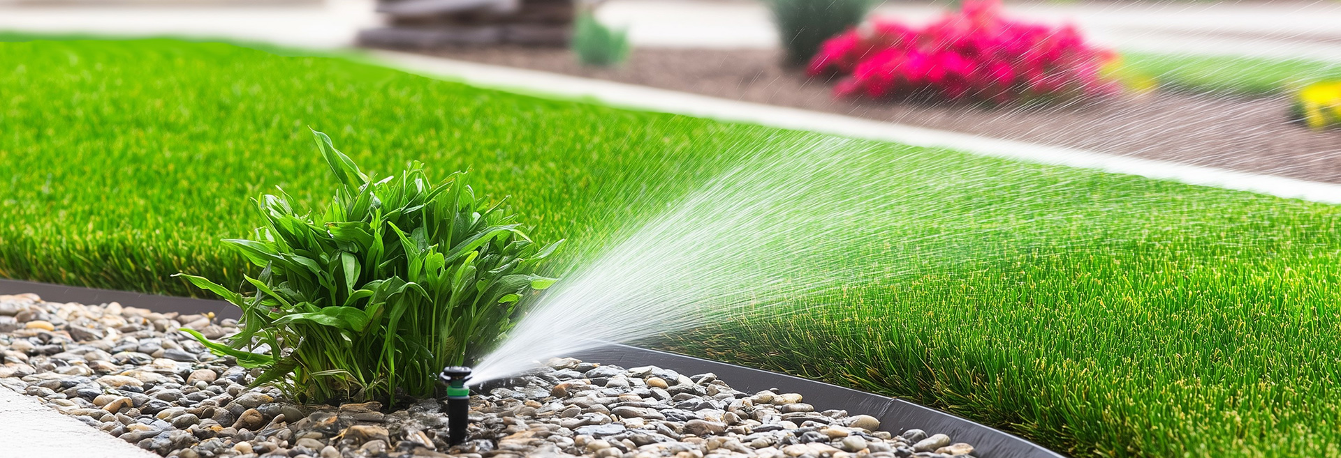 Lanscaping with gray rocks, green lawn, plants and mulch. A sprinkler is sparying water on the grass.
