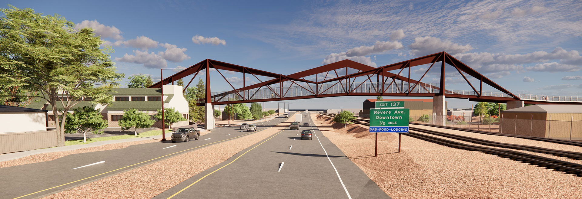 Rendering of the bridge design featuring trusses in the shape of three mountains.