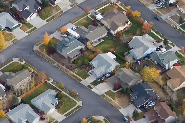 Drone shot of a residential neighborhood.